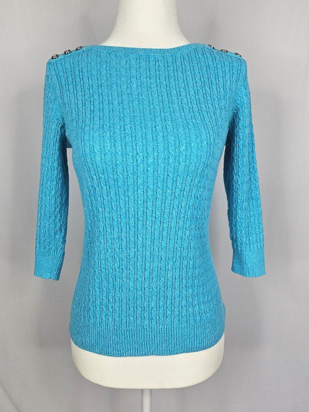 Karen Scott | Teal Cable Knit Cotton Sweater | Shoulder Buttons | Petite S